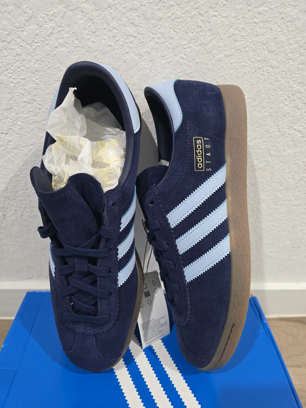adidas Men’s Gazelle Suede Sneakers in Navy with Light Blue Stripes